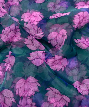Green Floral Printed Organza Fabric